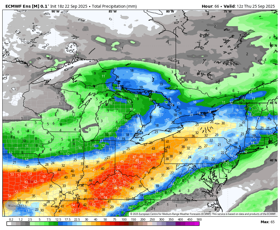 mrwx4caster's tweet photo. Updated outlook for rainfall potential (mm) from now out thru Thurs. 8AM (using 3 ensembles (NBM, WPC,EURO) & 1 deterministic CAN as an overview overall) There remains some uncertainty, due to the nature of the sun driven instability (showers/storms) & placement #onwx #onstrom https://t.co/0LwqpiMwum