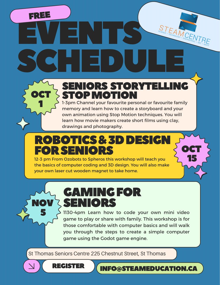 Join us for free Seniors in STEAM workshops. Sign up by email at info@steameducation.ca