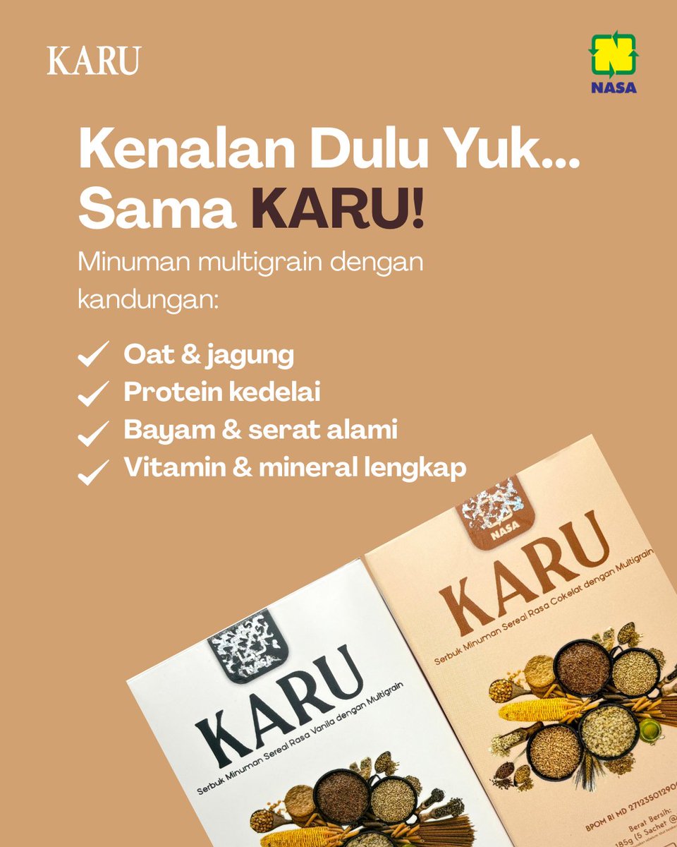 ptnasa's tweet image. Mau sehat &amp;amp; bugar tanpa ribet?
Kenalan dulu yuk sama KARU!

Minuman multigrain praktis dengan kandungan alami🌿
Cukup sekali seduh, kamu bisa dapat energi, rasa enak, dan gizi lengkap untuk aktivitas sehari-hari🤩🤩

#KARU #Multigrain #Oat #KenyangLebihLama 
#MinumanSereal