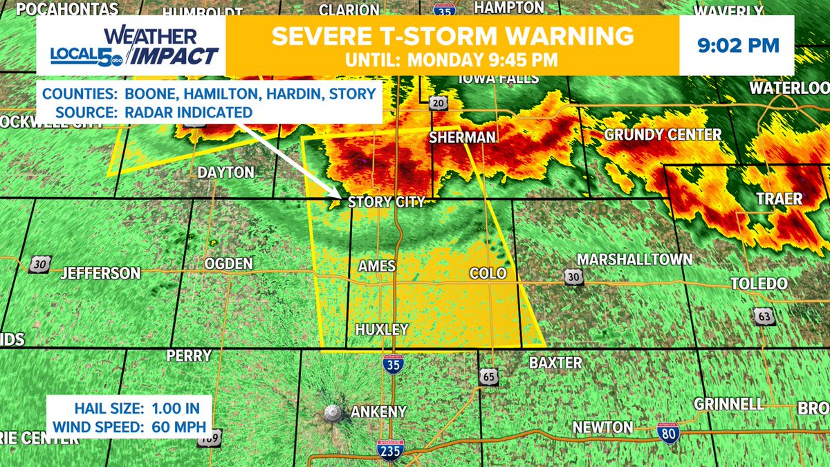 ALERT: A Severe Thunderstorm Warning is in effect until 9/22 9:45PM for Story, Hamilton, Hardin, Boone, Marshall Co. Seek shelter indoors until this storm passes your area! #IAWX