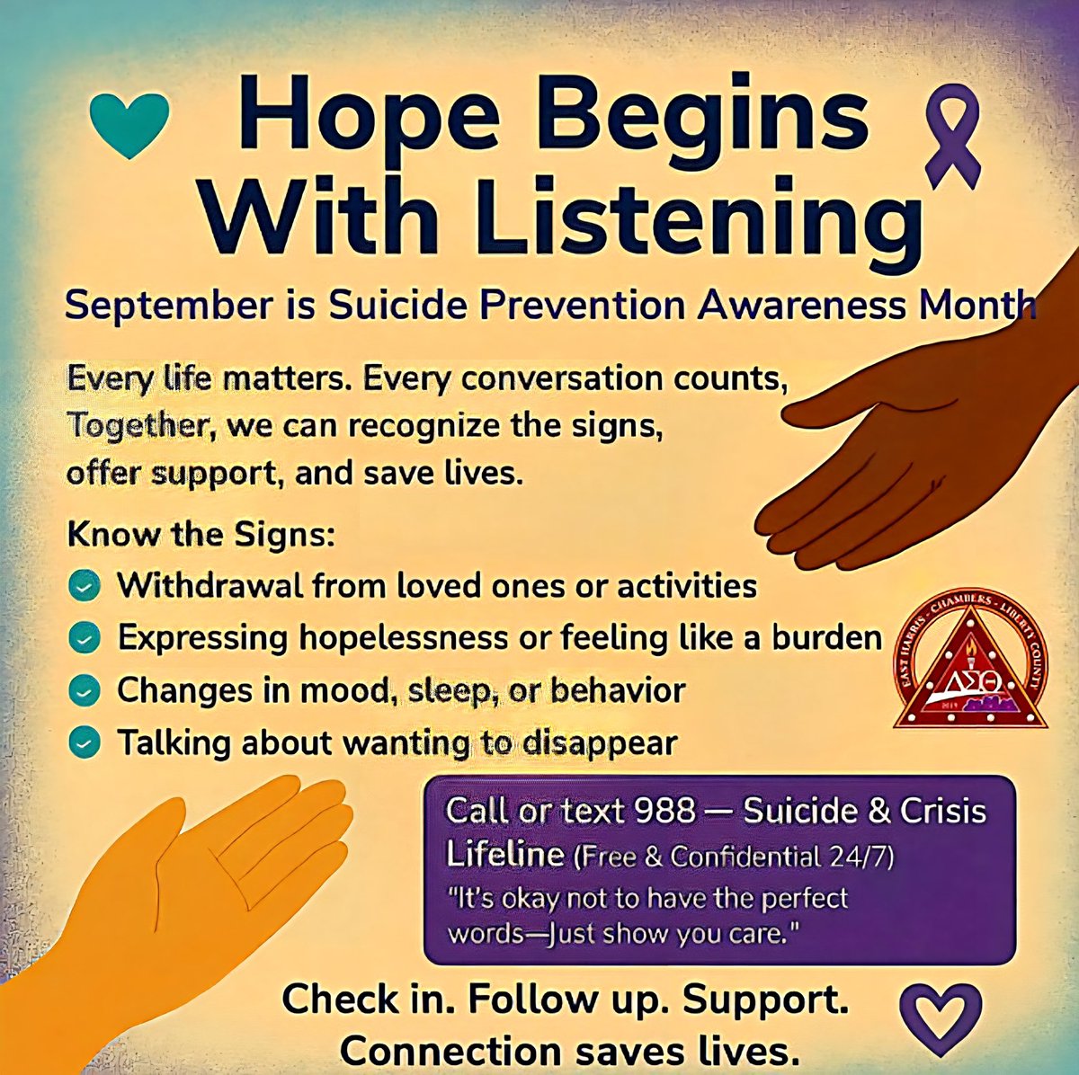 Know the signs 🚩

If you or someone you love needs support, help is available 24/7:
📱 Call or text 988
📞 Call 1-800-273-TALK (8255)
🌐 Visit 988LifeLine.org

#SuicidePreventionAwareness #YouMatter #988Lifeline #DST1913 #easthclcdeltas
