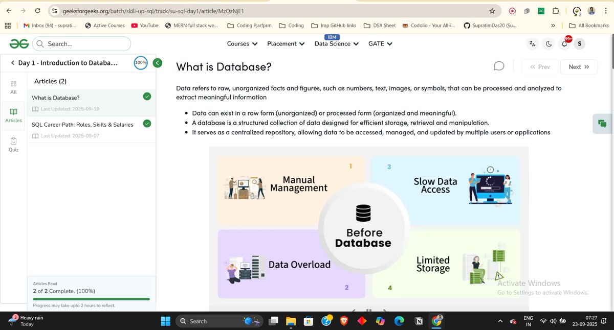 supratimdaswork's tweet image. Day 1 of my #100DaysOfSQL challenge with @geeksforgeeks!
What is a Database?
SQL Career Path – Roles, Skills &amp;amp; Salaries

Course link: tinyurl.com/2pt94xh7

#100DaysChallenge #SQL #LearningJourney #skillupwithgfg  #nationskillup