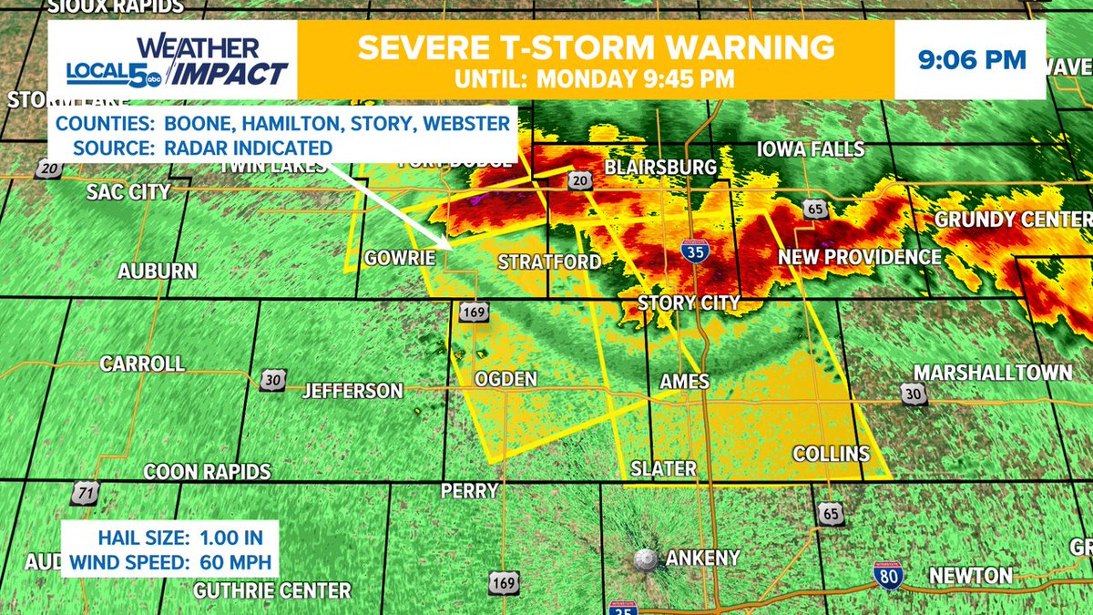 ALERT: A Severe Thunderstorm Warning is in effect until 9/22 9:45PM for Boone, Webster, Hamilton, Story Co. Seek shelter indoors until this storm passes your area! #IAWX