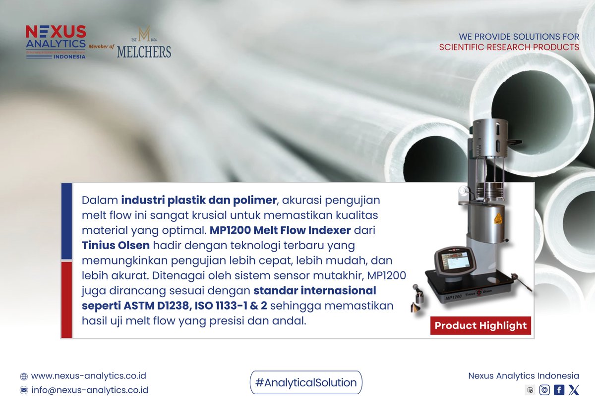 Pernah berpikir seberapa penting akurasi uji melt flow dalam industri plastik &amp; polimer? Jawabannya: sangat krusial untuk memastikan kualitas material tetap konsisten.

MP1200 Melt Flow Indexer dari Tinius Olsen hadir sebagai solusi tepat untuk kebutuhan pengujian melt flow.