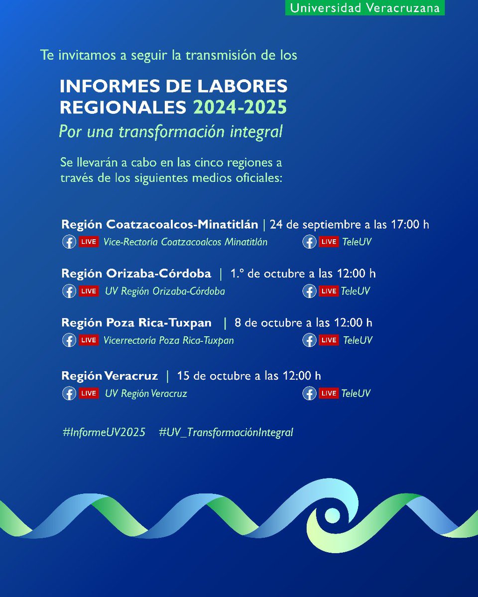 UVeracruzanaMx's tweet photo. #InformeUV2025  
Vicerrectoras y vicerrectores de las distintas regiones universitarias presentarán su informe de labores 2024-2025. 

🟢Mantén presente las siguientes fechas y sigue la transmisión desde nuestros medios oficiales.

#UV_TransformaciónIntegral https://t.co/mgE5MgcOF8