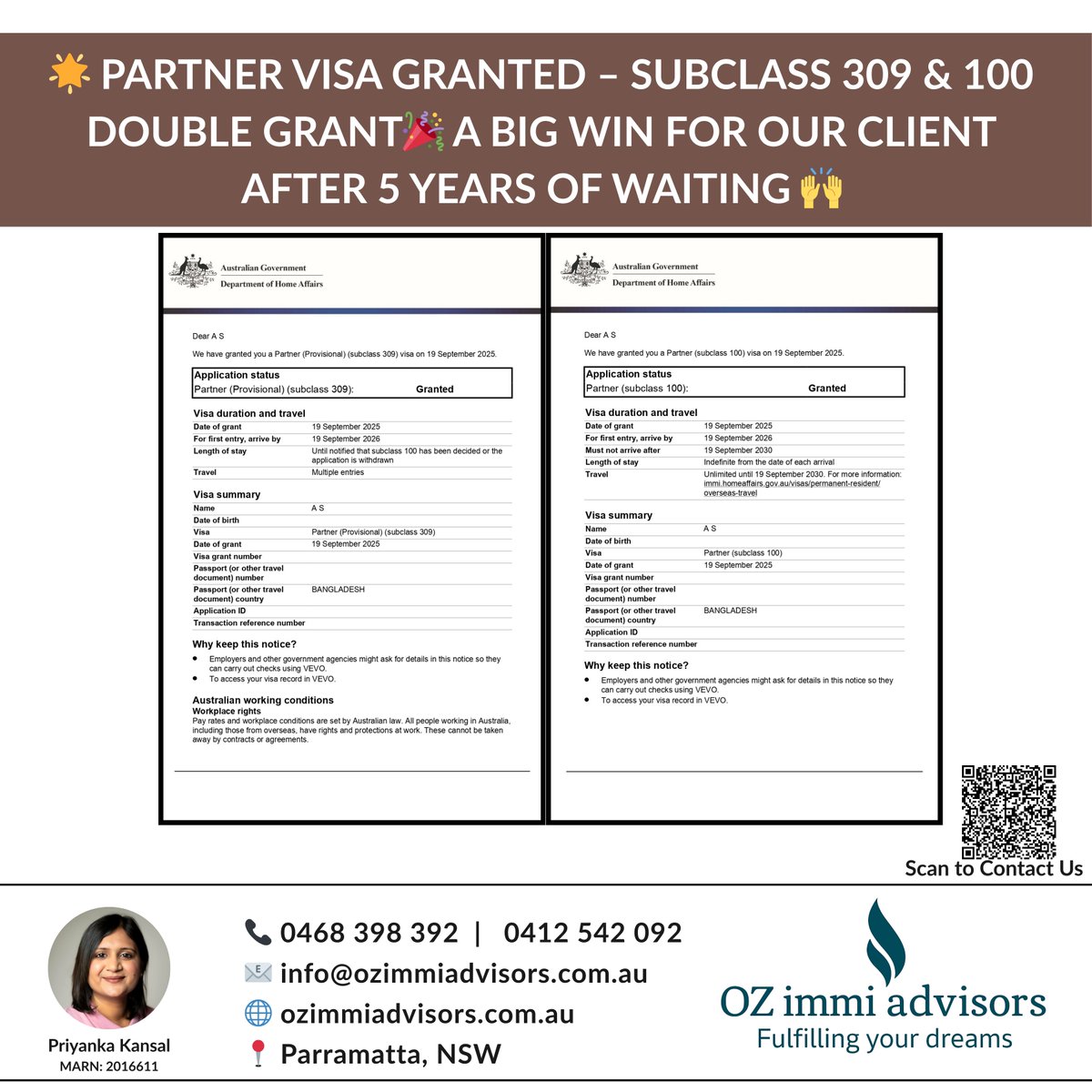 ozimmiadvisors's tweet image. 🎉 HUGE WIN FOR OUR CLIENT🎉 
We are overjoyed to share that our client’s Partner Visa – Subclass 309 &amp;amp; 100 has been granted as a double approval✅

Contact OZ Immi Advisors 
👩 Priyanka Kansal | MARN 2016611
📞 0468 398 392 | 0412 542 092

#PartnerVisa #Subclass309 #Subclass100