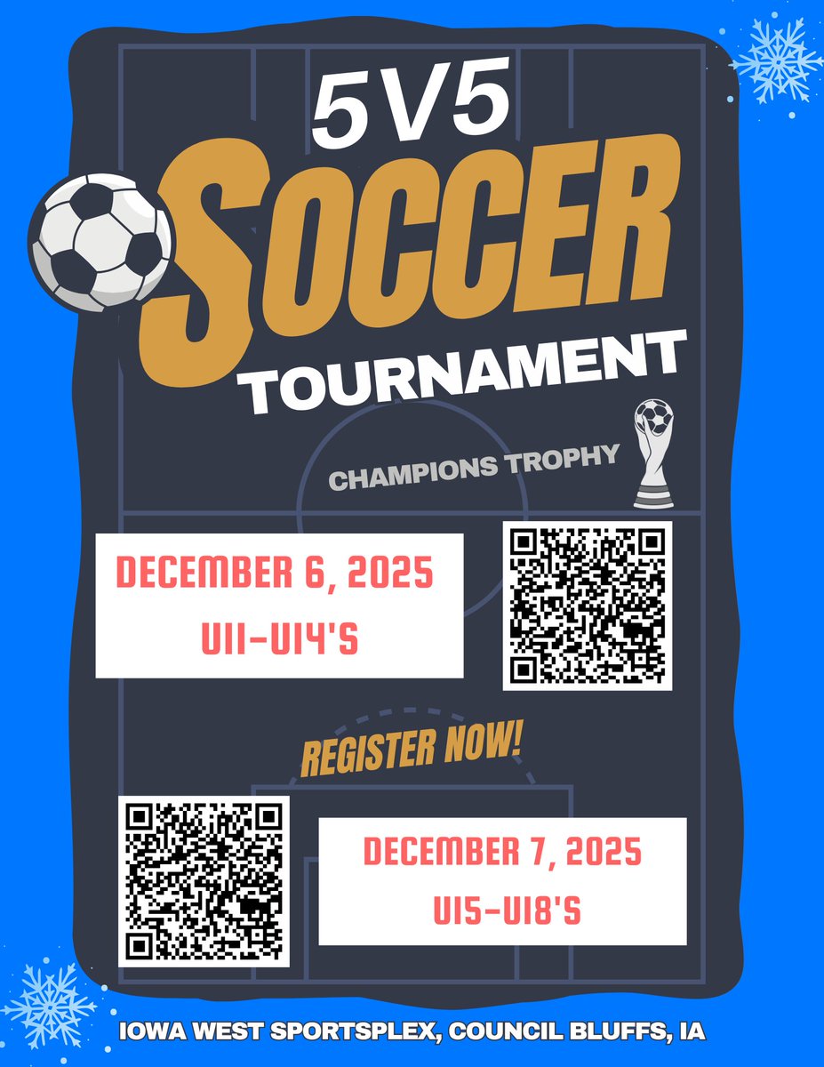 ❄️⚽ Registration is NOW OPEN for our Winter 3v3 &amp; 5v5 Youth Soccer Tournaments! ⚽❄️
📍 Iowa West SportsPlex
👉 Sign your team up today and secure your spot!
Use the link or QR codes on the flyers: iowawestsportsplex.com/events-trainin…