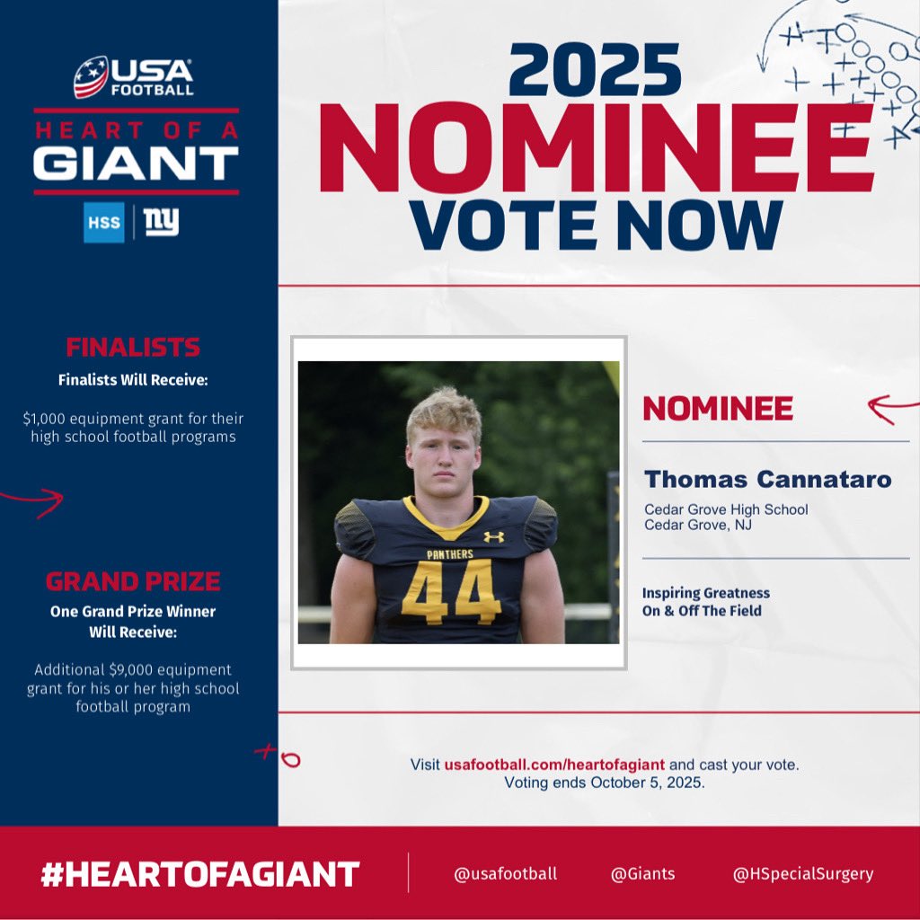 Cedar Grove Football (@cgfootballhs) on Twitter photo Congratulations to <a href="/thomascannataro/">Thomas Cannataro</a> for being selected as a Week 3 Nominee for USA Football’s Heart of a Giant award, presented by the New York Giants and Hospital for Special Surgery and the New York Giants. Vote for Thomas here: usafootball.com/heart-of-a-gia… Congratulations to <a href="/thomascannataro/">Thomas Cannataro</a> for being selected as a Week 3 Nominee for USA Football’s Heart of a Giant award, presented by the New York Giants and Hospital for Special Surgery and the New York Giants. Vote for Thomas here: usafootball.com/heart-of-a-gia…