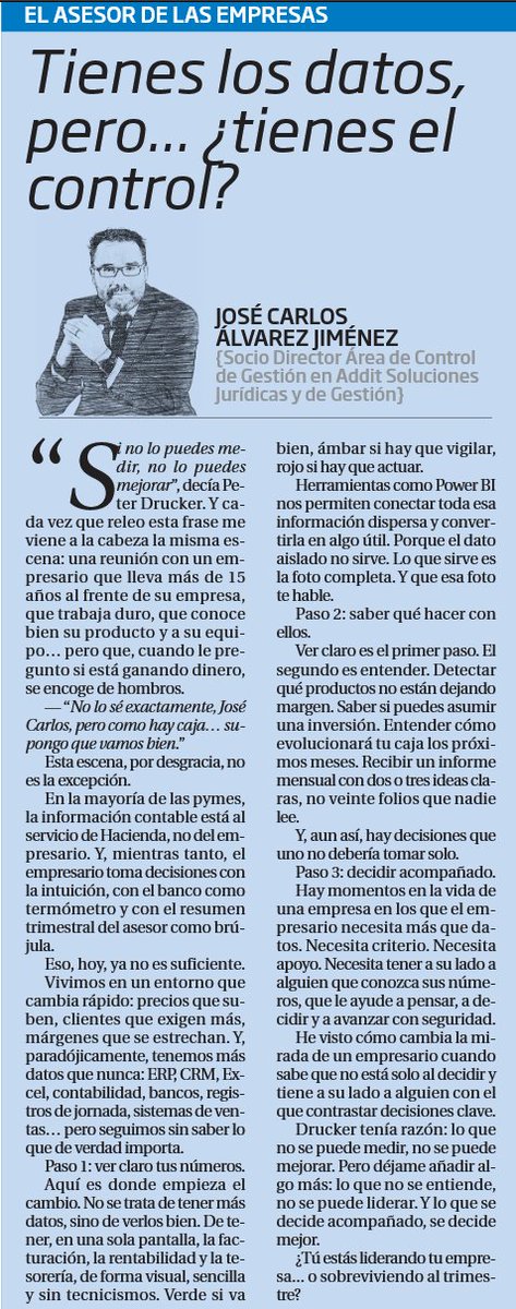 🔵Tienes #Datos… pero ¿tienes el #Control?

La mayoría de empresas decide con intuición y con el banco como brújula.

Eso ya no basta. 👉 Artículo de <a href="/JCesCiudadano/">JC Álvarez 🌾</a>  en <a href="/diario_de_avila/">Diario de Ávila</a>