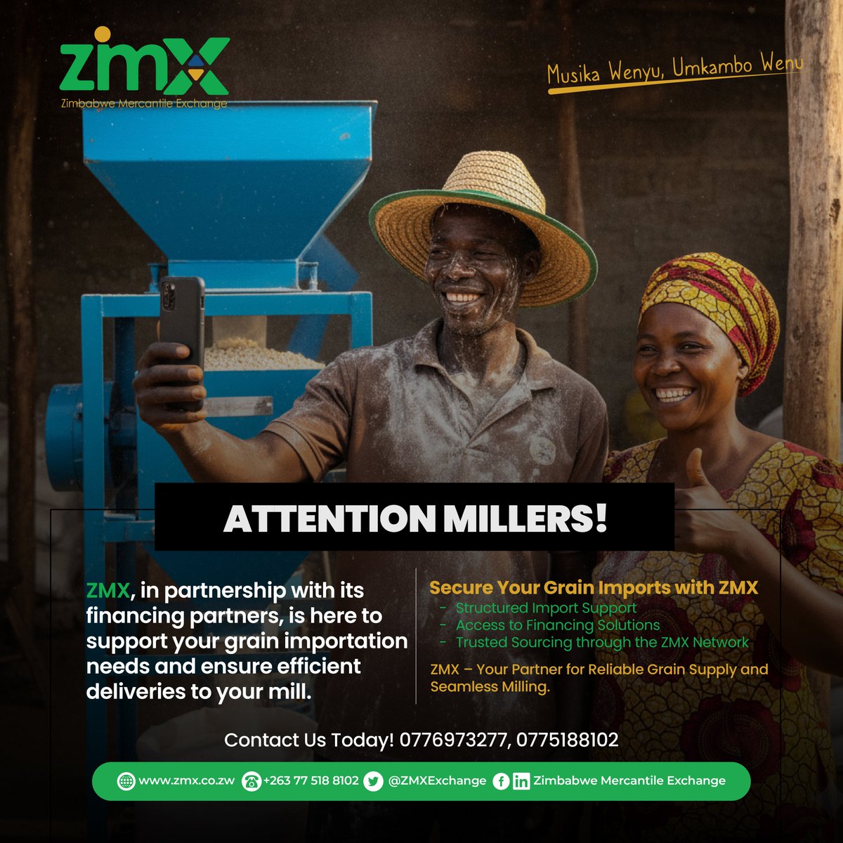 𝐃𝐈𝐃 𝐘𝐎𝐔 𝐊𝐍𝐎𝐖?
Millers in Zimbabwe can import grain easily with support from ZMX! 
✅ Structured Import Support
✅ Flexible Financing Options
✅ Trusted Sourcing
Keep your mill running smoothly with ZMX!
📞0777499433, 0775188102
#ZMX #MillingSupport #walalawasala
