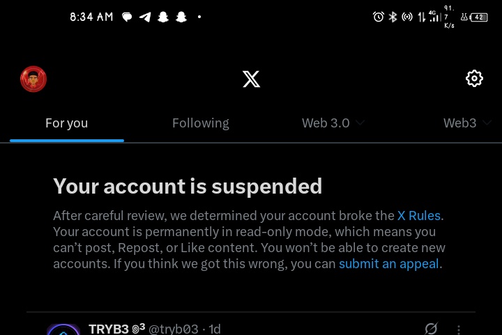 Gm Frens🫰❤️

Elon did it again🥲
This is 2nd time this yr

Unfortunately, my account got suspended few days ago
Since then I haven't been able to get back up but Giving up is the last option here 💪

If you are seeing this, let's connect
Engage and repost, will appreciate you🫶
