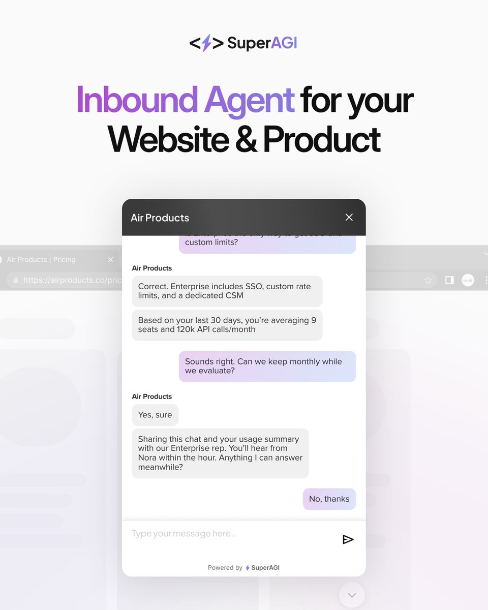 Introducing SuperAGI Inbound Agent - embedded on your website and inside your product.

Whether a feature isn’t working, setup is unclear, or a ready-to-buy visitor needs help on pricing, the Agent steps in and takes the next best action.

How it works
🔹 Understands &amp; Retrieves