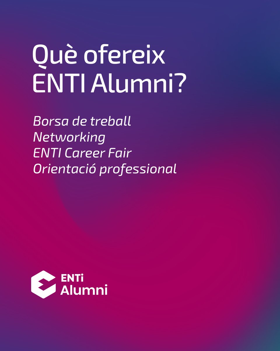 ENTIAlumni's tweet image. ENTI Alumni és un servei GRATUÏT que connecta l’@enti_bcn amb els seus graduats i els acompanya en el seu creixement professional. 🚀

Oferim:
Borsa de treball
Networking
ENTI Career Fair
Orientació professional
i molt més! 

#ENTI #ENTIAlumni