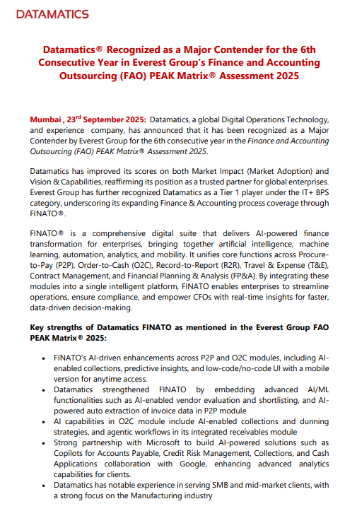 IndianStockEco's tweet image. 🚨Datamatics Global Services:
👉#Datamatics® Recognized as a Major Contender for the 6th Consecutive Year in Everest Group’s Finance and Accounting Outsourcing (FAO) PEAK Matrix® Assessment 2025
#StocksInFocus #StocksToWatch #stockmarketsindia #Nifty #IndianStockEco