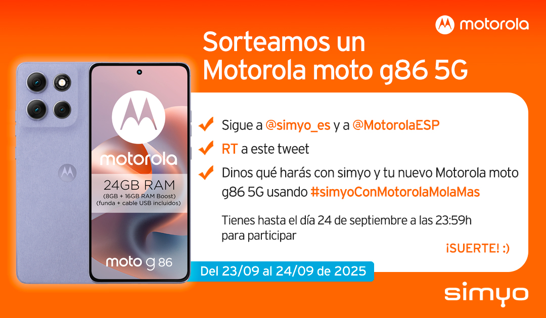 simyo_es's tweet image. ¡SORTEO! 
El Motorola moto g86 5G es un movilazo… ¿quieres probarlo? 😉
-Sigue a @simyo_es + @MotorolaESP
-RT a este Tweet
-Dinos qué harás con simyo y este móvil usando #simyoConMotorolaMolaMas
Hasta 23:59h del 24/09. Bases: ow.ly/qb5a50WV7zf