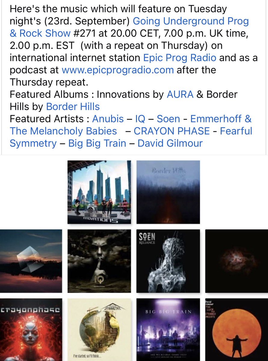 Tonight on Epic Prog Radio and other streaming radio apps. 

Going Underground Prog &amp; Rock Show 
Presenter,Brian McAllister
8pm CET, 7pm UK time, 2pm EST

epicprogradio.com
linktr.ee/epicprogradio

#progressiverock #progrock #epicprogradio
#wherenewprogmeetstheclassics