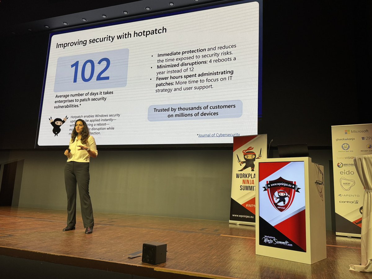 wpninjasummit's tweet image. Nevine Geissa takes the stage for Windows Hotpatching. 

#MSIntune #Patching #Windows #WUfB
