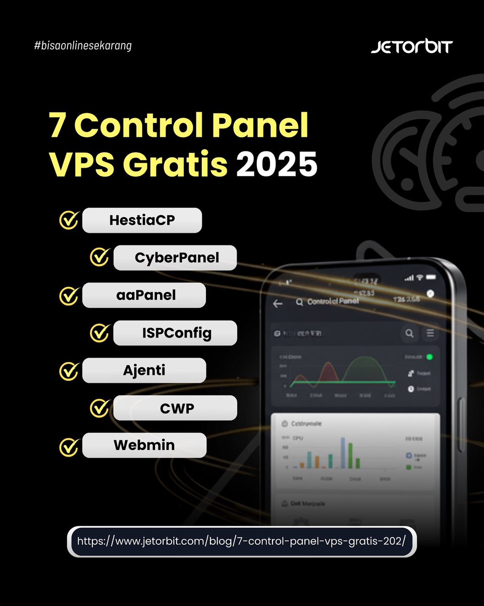 👋 Hallo Orbiters!
Mau kelola VPS GRATIS &amp; gampang di 2025? 🚀

7 Control Panel terbaik buat kamu:
✅ HestiaCP
✅ CyberPanel
✅ aaPanel
✅ ISPConfig
✅ Ajenti
✅ CWP
✅ Webmin

Detail lengkap di blog Jetorbit 👉 jetorbit.com/blog/7-control…

#bisaonlinesekarang #VPS #Jetorbit