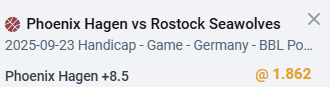 TheBasketWizard's tweet photo. 🔥 German Cup showdown! 🔥
🏀 @phoenixhagen take on @ROSTOCKSEAWOLVES in the @easyCreditBBL Pokal 🏆
Our winning picks (74% ratio) are ready — follow @thebasketwizard for the edge 💰
#BBLPokal #PhoenixHagen #RostockSeawolves #TheBasketWizard https://t.co/TB2aoXy9b4