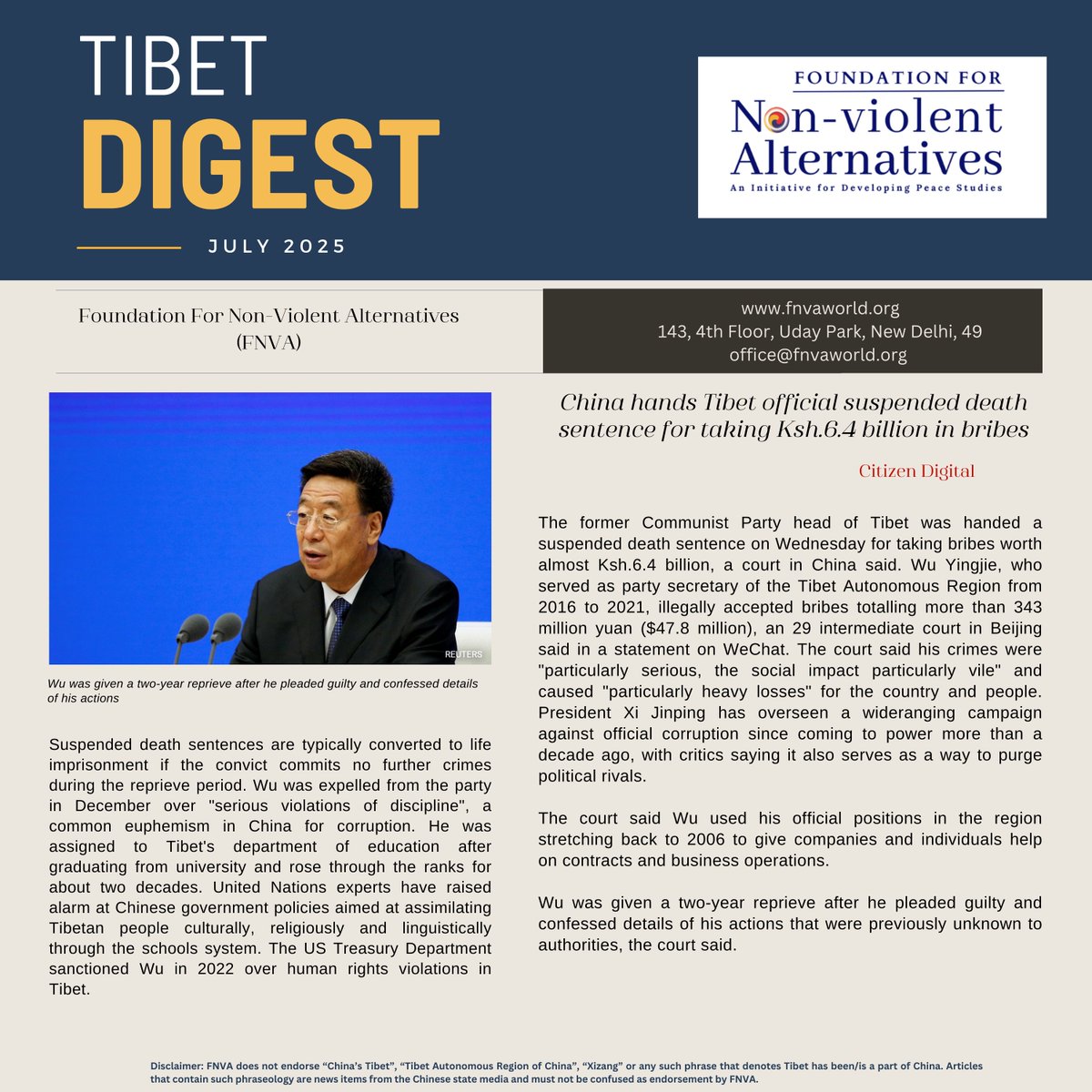 July Monthly Tibet Digest is now out on our website!

Stay abreast of all the latest updates and developments.

Prepared by: Tenzin Lhatso (Research Associate, FNVA)

Click on the link below to access the complete digest.

fnvaworld.org/wp-content/upl…

#tibetdigest #TibetNews