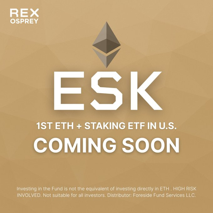 khalitabdiqadir's tweet image. 🚨WAR CUSUB:

Rex Shares ayaa sheegtay in REX-Osprey ETH + Staking ETF ($ESK) ay dhawaan soo bixi doonto, taasoo noqoneysa mashruucii ugu horreeyay ee Mareykanka ee bixiya isku darka spot ETH iyo abaalmarinta staking hal ETF gudaheed. ₿💼

#RexShares #ETH #Staking #CryptoETF