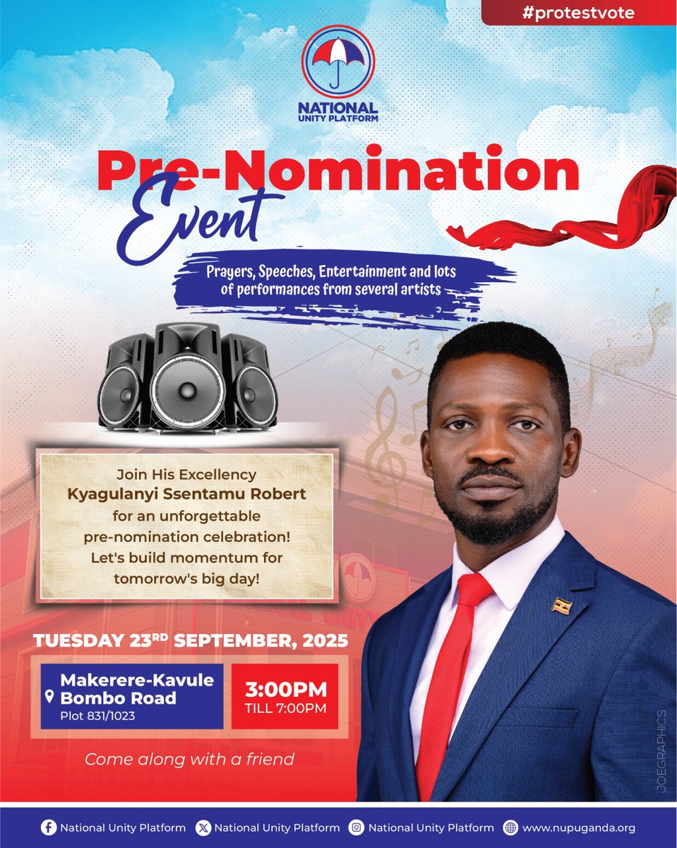Let's meet at Makerere-Kavule for our pre-nomination engagement today at 03:00 PM. Come with a friend! #ProtestVote2026