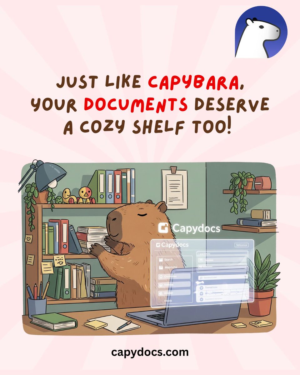 capydocs's tweet image. Just like our favorite chill animal, your important documents deserve a safe, cozy, and stress-free home! 🦦✨
Give your documents the capybara treatment with Capydocs! ➡️ Capydocs.com
#CapyDocs #DocumentOrganization #ProductivityHack #DigitalTransformation #LifeHack