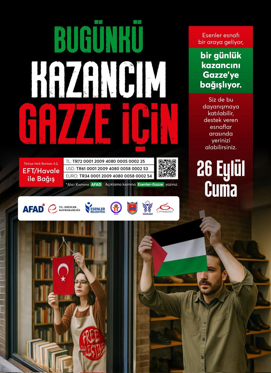 Esenler’den Gazze’ye gönül köprüsü… 🇹🇷🤲🇵🇸
26 Eylül Cuma günü destek veren esnaflarımızdan yapılacak her alışveriş, Gazze’ye nefes olacak inşallah.
<a href="/mt_goksu/">Mehmet Tevfik Göksu</a> <a href="/EmrullahErkus/">Emrullah ERKUŞ</a>
<a href="/esenlerbelediye/">Esenler Belediyesi</a> <a href="/akparti_esenler/">AK Parti Esenler</a>