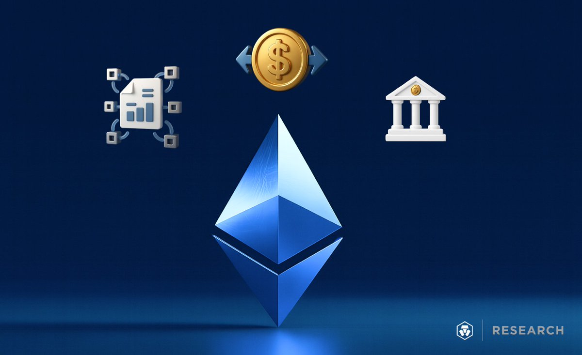 전통 금융, 데이터, 암호화폐 거래소를 상징하는 아이콘이 함께 있는 이더리움 로고 일러스트