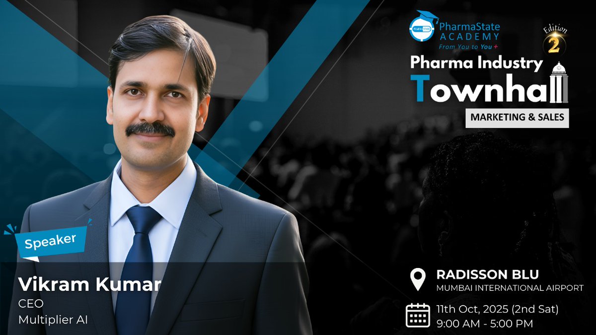 🔔𝗦𝗽𝗲𝗮𝗸𝗲𝗿 𝗔𝗻𝗻𝗼𝘂𝗻𝗰𝗲𝗺𝗲𝗻𝘁
🔖𝗥𝗲𝗴𝗶𝘀𝘁𝗲𝗿 𝗻𝗼𝘄 𝘄𝗶𝘁𝗵 𝐭𝐡𝐞 𝐄𝐚𝐫𝐥𝐲 𝐁𝐢𝐫𝐝 𝐎𝐟𝐟𝐞𝐫:
🔗 events.pharmastate.academy/pharma-industr…

📍𝗟𝗼𝗰𝗮𝘁𝗶𝗼𝗻: Radisson Blu, Marol, Andheri (East), Mumbai
🗓️𝗗𝗮𝘁𝗲: 11 October 2025 (Saturday)
⌛𝗧𝗶𝗺𝗲: 9:00 AM - 5:00 PM