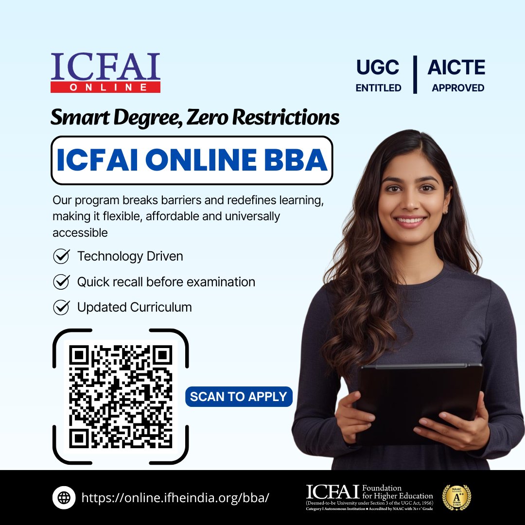 IcfaiOnline's tweet image. Smart Degree, Zero Restrictions Our program breaks barriers and redefines learning, making it flexible, affordable and universally accessible.

Apply Now: online.ifheindia.org/bba/

#FlexibleLearning #AffordableEducation #AccessibleLearning #icfaionlinebba #TechDrivenEducation