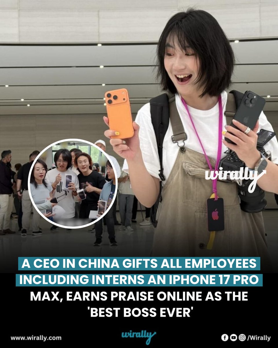 Shanghai-based marketing agency Mediastorm has made headlines after its CEO, Tim Pan, gifted brand new iPhone 17 Pro Max devices to every employee, including interns and recent hires. The company went a step further by covering all related taxes.
#wirally #iPhone17ProMax #China