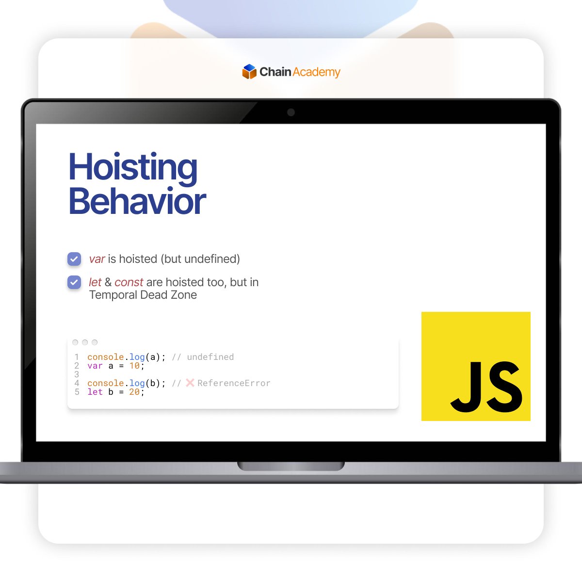 chainacademy_'s tweet image. New series! 🚀 Demystifying JavaScript variables in 4 swipes! Get to know var, let, & const and learn about scope & hoisting in our new guide.👇
#JavaScript #JavaScriptTips #LearnToCode #ChainAcademy #LimitlessLearning