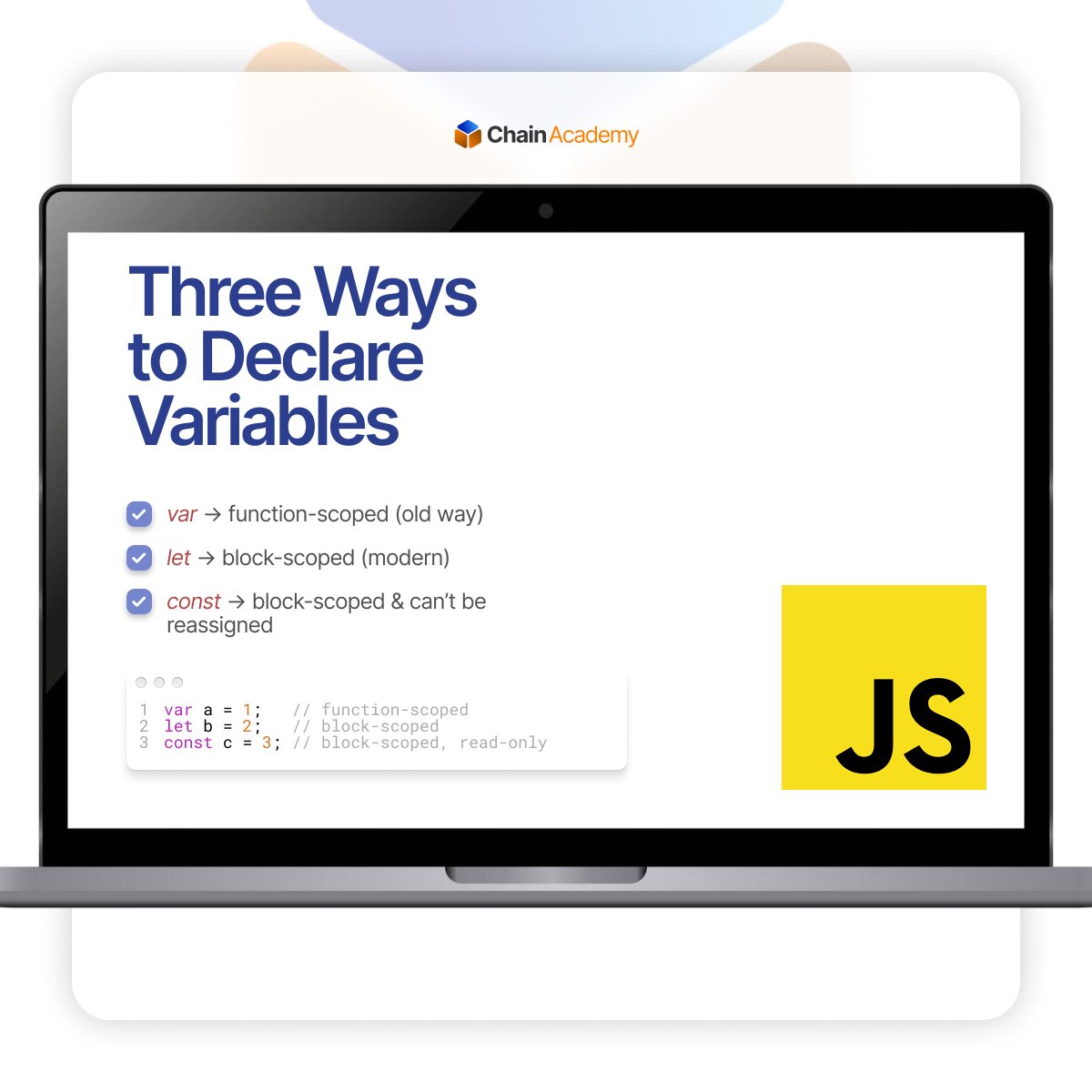 chainacademy_'s tweet image. New series! 🚀 Demystifying JavaScript variables in 4 swipes! Get to know var, let, & const and learn about scope & hoisting in our new guide.👇
#JavaScript #JavaScriptTips #LearnToCode #ChainAcademy #LimitlessLearning