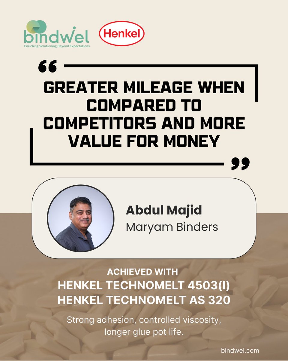 Imagine if your adhesive gave greater mileage &amp; more value for money?

That’s what Maryam Binders achieved with Henkel Technomelt 4503(I) &amp; AS 320—strong adhesion, longer glue pot life, better ROI. 

#Bindwel #HenkelAdhesives #Bookbinding #ROI #MakeInIndia