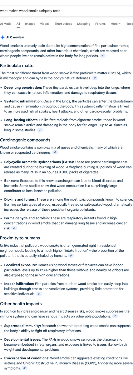 "A fireplace burning 10 pounds of wood can release as many PAHs in an hour as 3,000 packs of cigarettes."

"Homes using wood stoves or  fireplaces can have indoor particulate levels up to 123% higher than those without... "