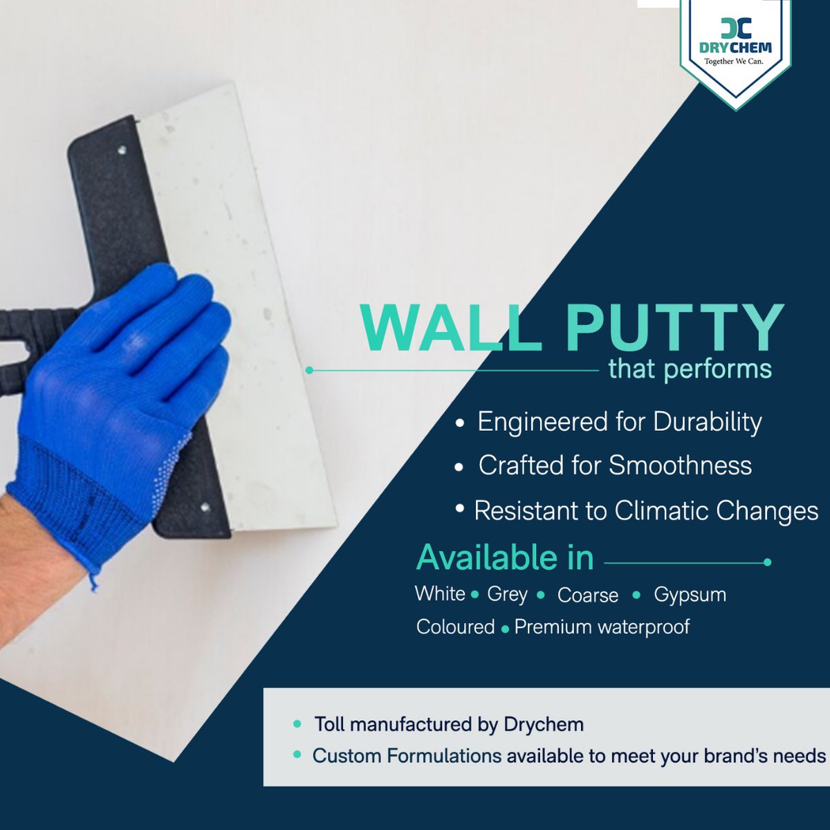 DryChemIndia's tweet image. Flawless walls need the right putty. #Drychem offers White, Coloured, Grey, Waterproof, Coarse &amp;amp; Gypsum—crafted for strength and smoothness, with custom formulations for your brand.

Visit: drychem.com/products/signa… 

#WallPutty #CustomFormulation #TollManufacturing #DrychemCares