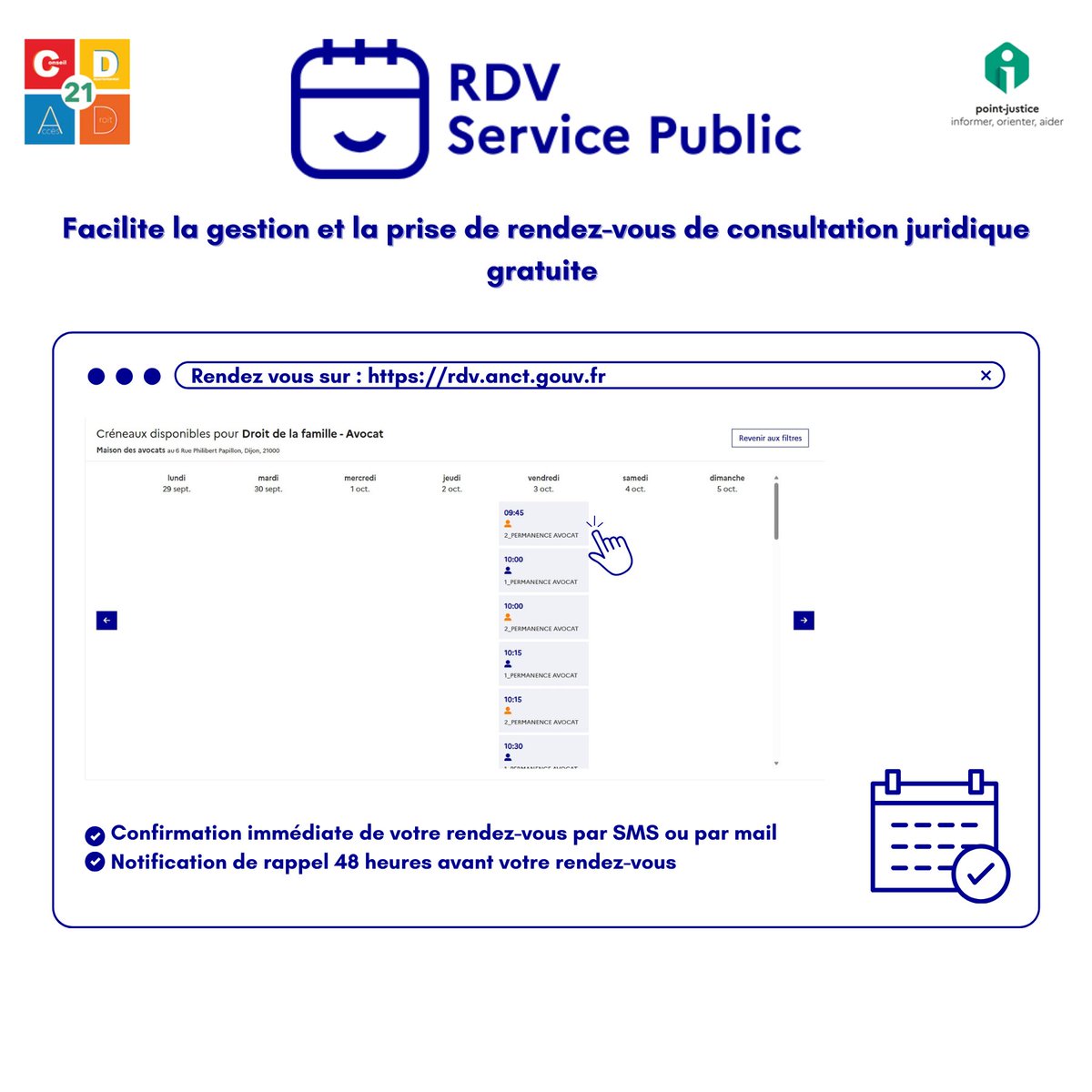 Avec RDV Service Public, il est désormais possible de prendre rendez-vous en ligne et gratuitement avec un avocat, un notaire ou un commissaire de justice: rdv.anct.gouv.fr/prendre_rdv?de…

🫲🏻Un pas de plus vers la simplification des procédures et la garantie d’un accès au droit pour tous