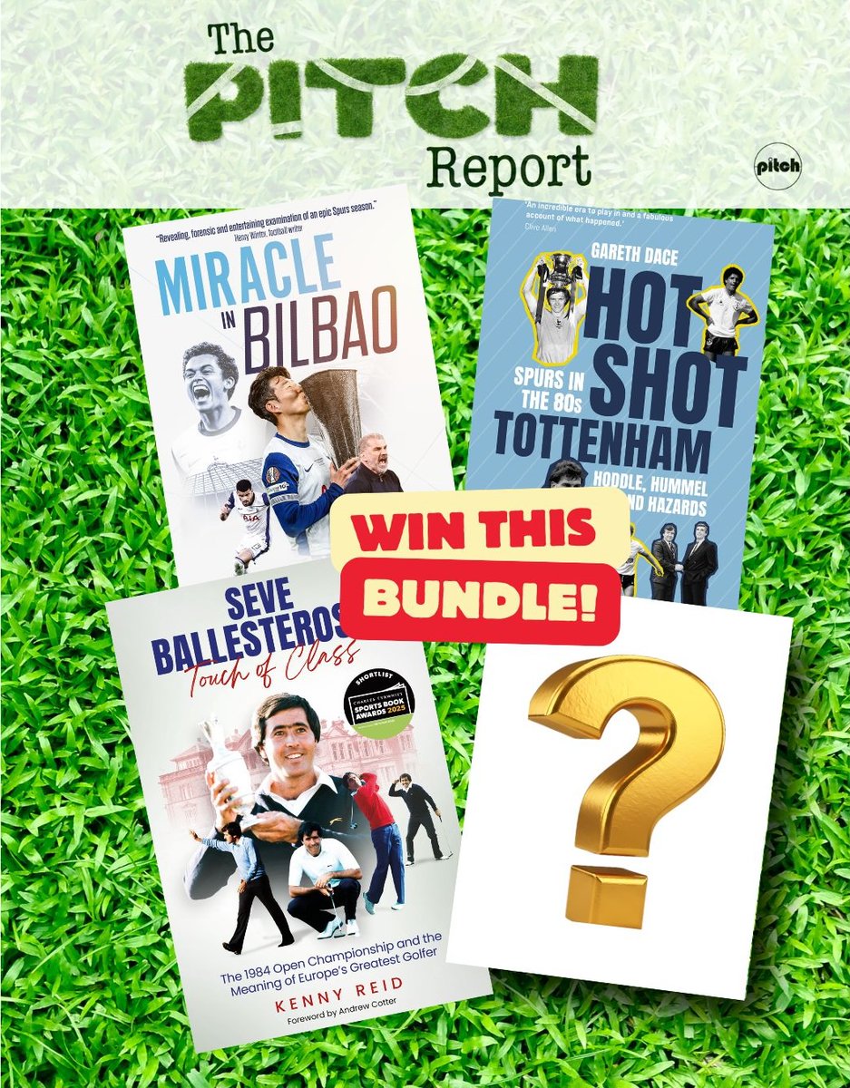 🚨 GIVEAWAY! 🚨
To launch our new sports books newsletter, we’re giving away:
⚽️ 2 Spurs books
⛳️ Seve Ballesteros book (for #RyderCup week!)
❓ +1 Pitch release of your choice

To enter:
🔁 Share this post
🏷️ Tag <a href="/PitchPublishing/">Pitch Publishing 📚 Sports Books</a> 
📰 bit.ly/Pitch-Report
Winner in next issue!
