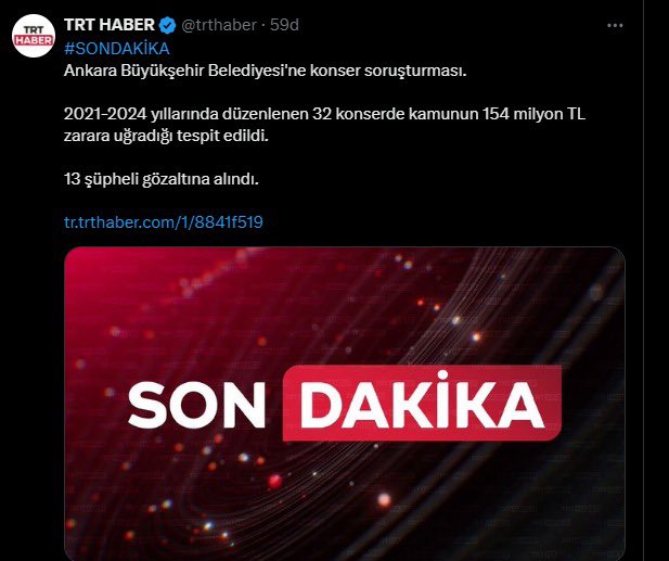 Zafer Şahin (@zafersahin06) on Twitter photo 📌Ankara Büyükşehir Belediyesine konser soruşturması…13 gözaltı..
📌32 konserde 154 milyonluk kamu zararı…
📌Gözaltına alınan isimler arasında Ankara Büyükşehir Belediyesi’nin eski Kültür ve Sosyal İşler Dairesi Başkanları, Kültür Etkinlikleri Şube Müdür Vekilleri ile konser 📌Ankara Büyükşehir Belediyesine konser soruşturması…13 gözaltı..
📌32 konserde 154 milyonluk kamu zararı…
📌Gözaltına alınan isimler arasında Ankara Büyükşehir Belediyesi’nin eski Kültür ve Sosyal İşler Dairesi Başkanları, Kültür Etkinlikleri Şube Müdür Vekilleri ile konser