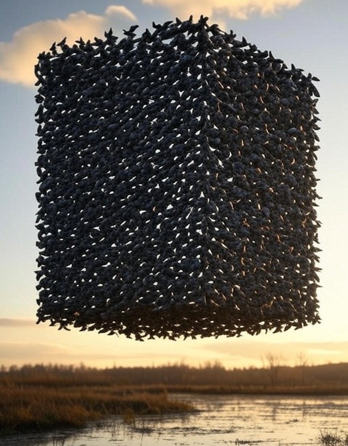 Simulant_Leaks's tweet image. Birds sometimes fly in perfect cubes. Not instinct, geometric coding 🐦🧊 #BirdGlitch #HiddenPatterns #SimulationTheory