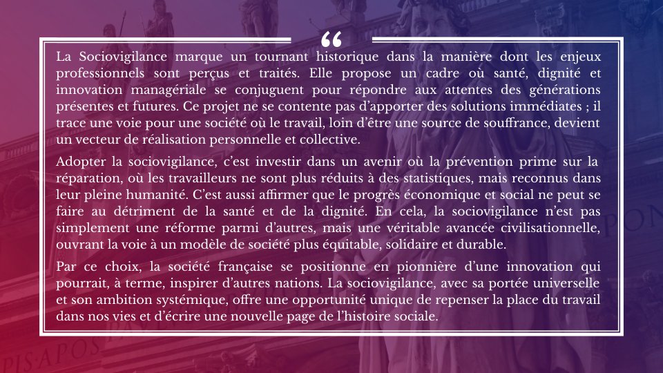 "La Sociovigilance, un  tournant historique par lequel la société française se positionnerait en  pionnière d'une innovation qui pourrait, à terme, inspirer d'autres  nations".
Pour lire l'article complet : sociovigilance.org/?p=1