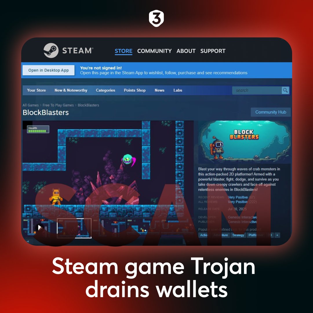 web3_antivirus's tweet image. A Steam game turned into a crypto theft.

The free game BlockBlasters hid a trojan in one of its updates, which slipped past @Steam’s review. The malware drained wallets from hundreds of players.

478 victims reported losses of more than $150K in total. Streamer @rastalandTV even…