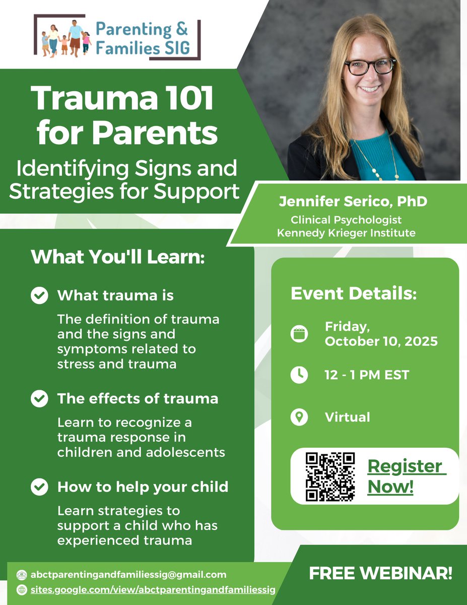 (📣Attention please!) Mark your calendar for yet another amazing FREE seminar! The presentation by Dr. Jennifer Sercio on “Trauma 101 for Parents” will be a helpful resource for clinicians, researchers, and parents. Go spread the word! 

Register here: forms.gle/RdFNxMhujgS4fn…