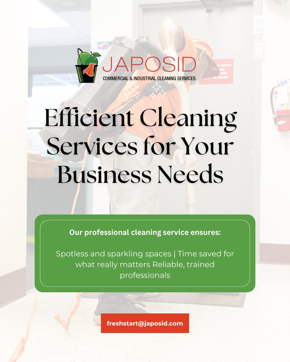 JAPOSID4Hire's tweet image. At JAPOSID Cleaning Services, our hardworking team is always on-site making every space spotless and fresh. Call or text 727-607-2830 or email freshstart@japosid.com. Learn more japosid.com

#JAPOSIDCleaning #CleaningExperts #SparklingResults #OnSiteCleaning