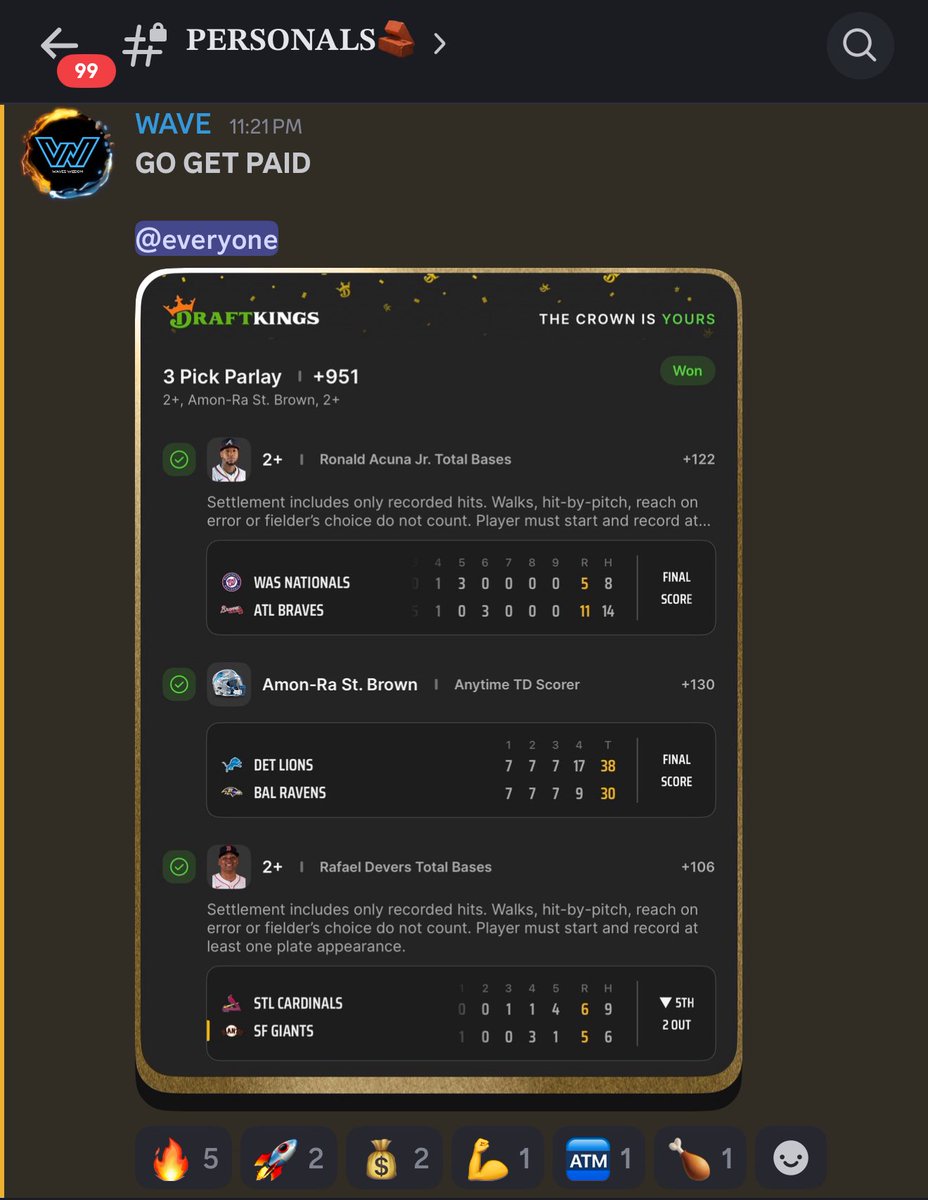 Sorry I’m back again … +951 💰💰💰💰

St Brown TD 💰
Acuna 2+ Bases 💰
Devers 2+ Bases 💰

whop.com/off-the-board/