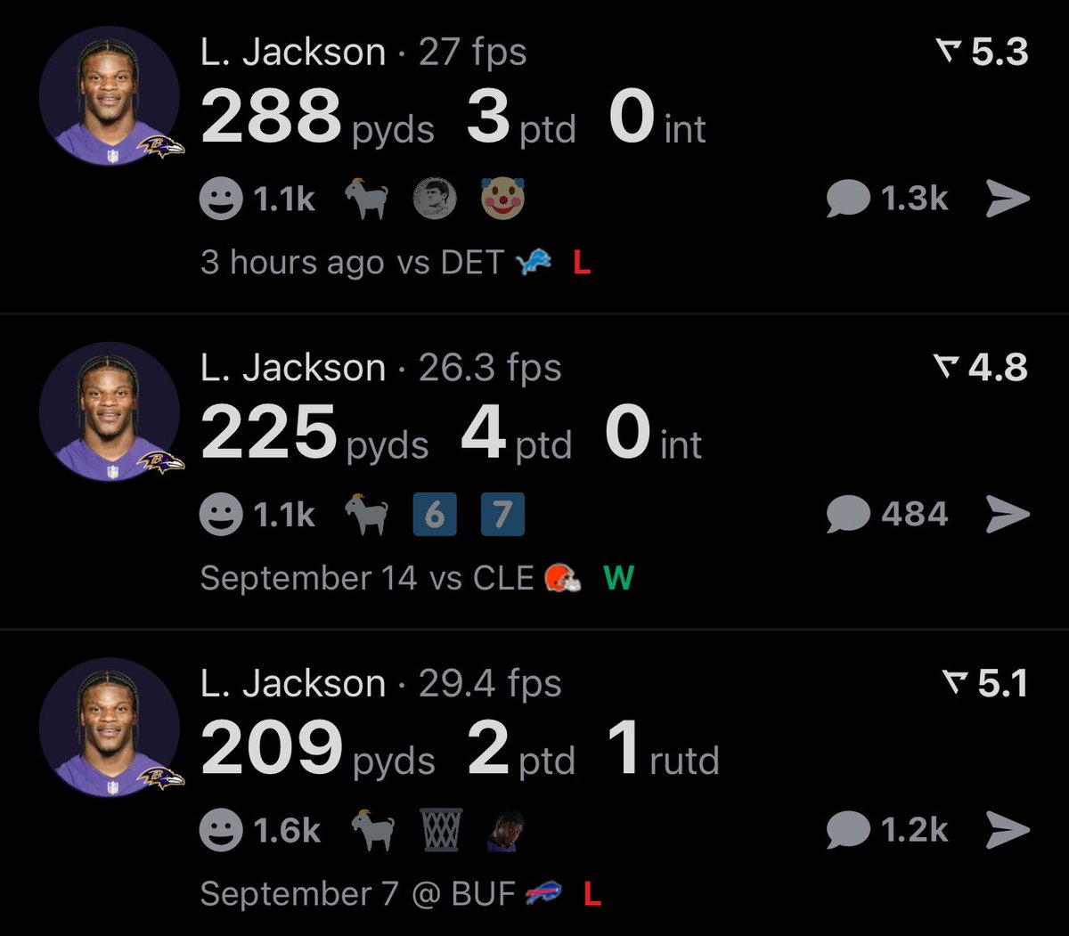 realapp's tweet image. Lamar Jackson to start the season:

722 PASS YDS
9 PASS TD
0 INT

Only Aaron Rodgers, Peyton Manning, &amp;amp; Patrick Mahomes have had more passing TD without a pick through first 3 games of a season.