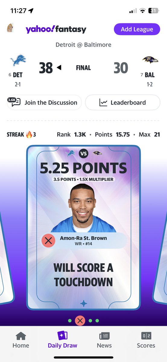 JosephRugolo's tweet photo. @YahooFantasyCC Amon-Ra St. Brown scored a TD tonight but Daily Draw has it incorrectly marked that he didn’t. https://t.co/P4PF20nRJs