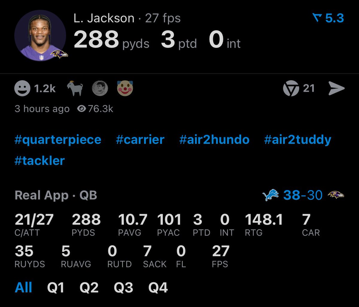 goatevar's tweet photo. “ Lamar’s stinker “ is better than your favourite QBs best game and that’s a fact https://t.co/RbTkHJHius
