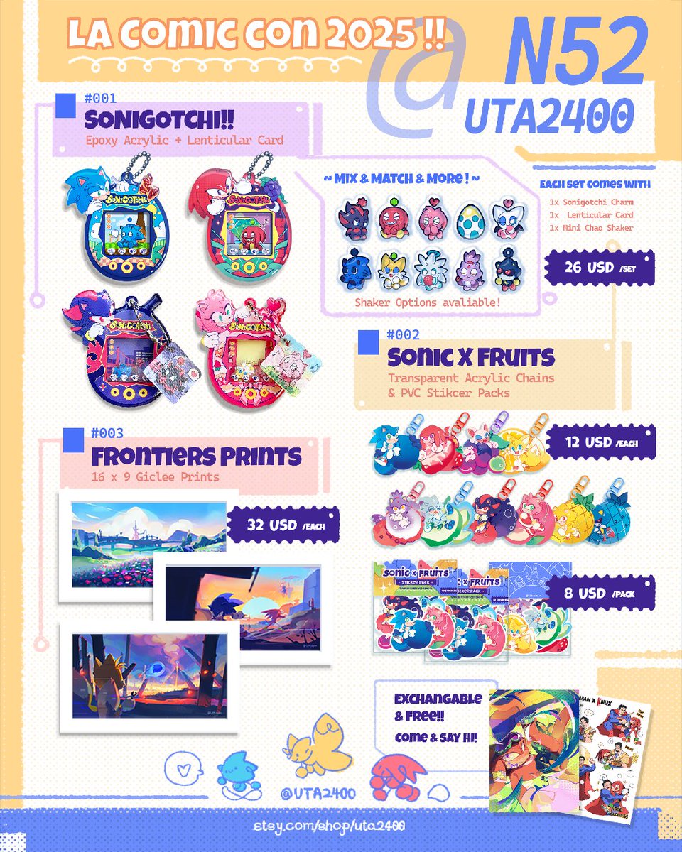 🗯️Hi guys!
I will be tabling at #LAComicCon from Sept 26–28
🐾 Find me at Kentia Hall N52! 🐾
Come by for Sonic goods or just to say hi!
Other artists’ prints and goods will also be available :3 

*The online shop is still under construction. It will be ready around mid-October!